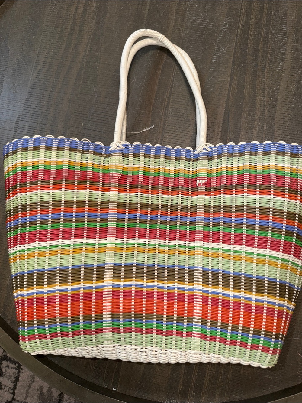 Colorful Multistripe Woven Tote with White Handles Made in Mexico